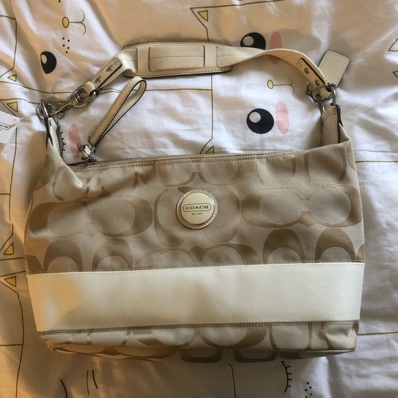 Coach Signature Stripe Hobo NWT Khaki White Silver